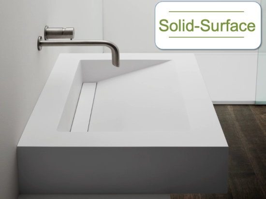 Plan vasque lavabo caniveau, sur mesure : L 60 à 201 x P 40 à 51 cm, finition lisse, Solid-Surface, Anti bactérien, résine Akrytan®SOLID teinté dans la masse, Livraison Offerte.